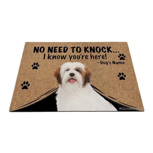 Ganshan Bi Personalisierte Fußmatte mit lustigem Hund, Lhasa Apso Willkommens-Bodenmatte, kein Klopfen nötig, I Know You're Here Geschenk für Hundeliebhaber, 89,9 x 60,9 cm, Stil 3 von Ganshan Bi