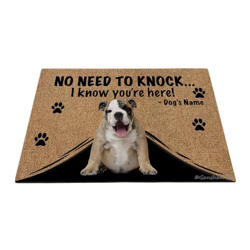 Ganshan Bi Personalisierte Fußmatte mit lustigem Hund, englische Bulldogge, Willkommens-Bodenmatte, kein Klopfen nötig, "I Know You're Here", Geschenk für Hundeliebhaber, 60 x 40 cm, Stil 4 von Ganshan Bi