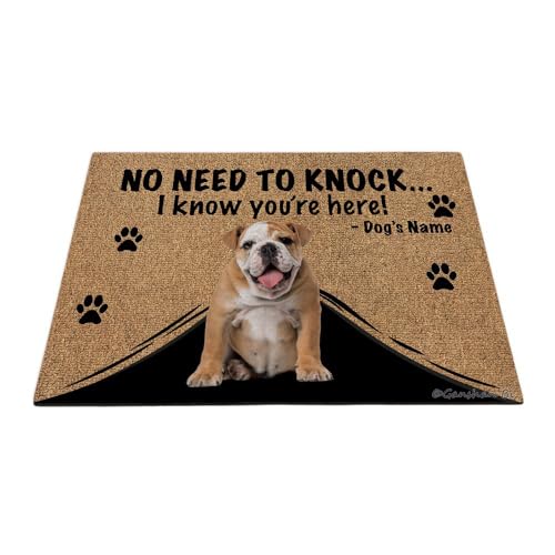 Ganshan Bi Personalisierte Fußmatte mit lustigem Hund, englische Bulldogge, Willkommens-Bodenmatte, kein Klopfen nötig, "I Know You're Here", Geschenk für Hundeliebhaber, 69,8 x 45 cm, Stil 3 von Ganshan Bi