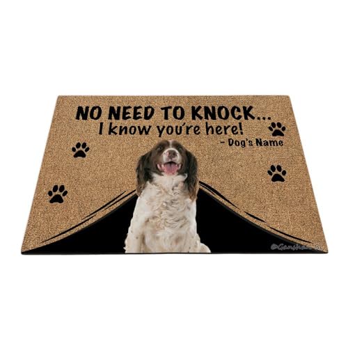 Ganshan Bi Personalisierte Fußmatte mit lustigem Hund, englischer Springer Spaniel, Willkommens-Bodenmatte, kein Klopfen nötig, "I know you're here", Geschenk für Hundeliebhaber, 59,9 x 40,9 cm, Stil von Ganshan Bi