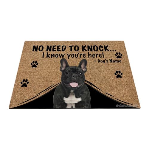 Ganshan Bi Personalisierte Fußmatte mit lustigem Hund, französische Bulldogge, Willkommens-Bodenmatte, kein Klopfen nötig, I Know You're Here Geschenk für Hundeliebhaber, 69,8 x 45 cm, Stil 8 von Ganshan Bi