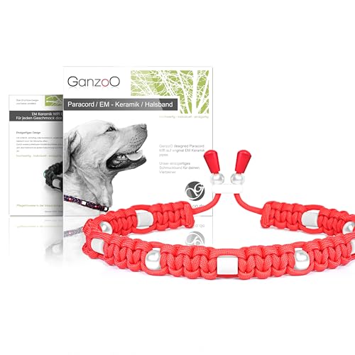 Ganzoo EM Keramik Hunde-Halsband/Paracord 550 Halsband mit Zier-Perlen und EM Tubes/EM Pipes/Größe M 43-51 cm/Dog Collar/verstellbar mit Kordelstopper/Farbe Feuerrot von Ganzoo