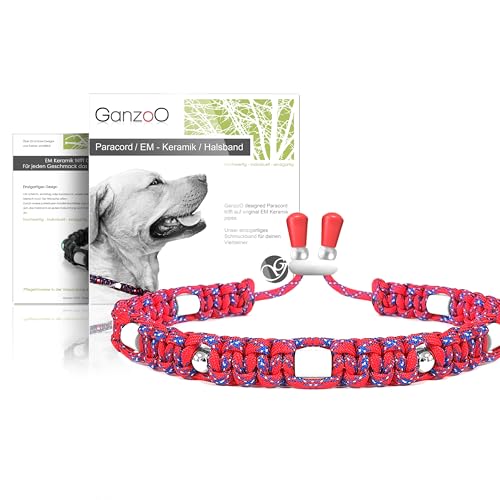 Ganzoo EM Keramik Hunde-Halsband/Paracord 550 Halsband mit Zier-Perlen und EM Tubes/EM Pipes/Größe S 33-42 cm/Dog Collar/verstellbar mit Kordelstopper/Farbe Anemone von Ganzoo