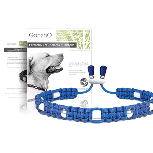 Ganzoo EM Keramik Hunde-Halsband/Paracord 550 Halsband mit Zier-Perlen und EM Tubes/EM Pipes/Größe S 33-42 cm/Dog Collar/verstellbar mit Kordelstopper/Farbe Enzianblau von Ganzoo