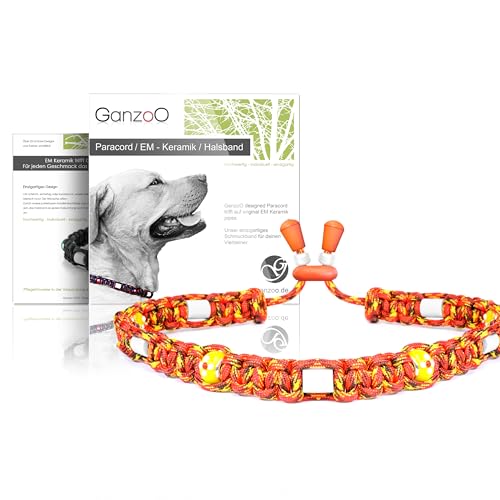 Ganzoo EM Keramik Hunde-Halsband/Paracord 550 Halsband mit Zier-Perlen und EM Tubes/EM Pipes/Größe S 33-42 cm/Dog Collar/verstellbar mit Kordelstopper/Farbe Feuer von Ganzoo