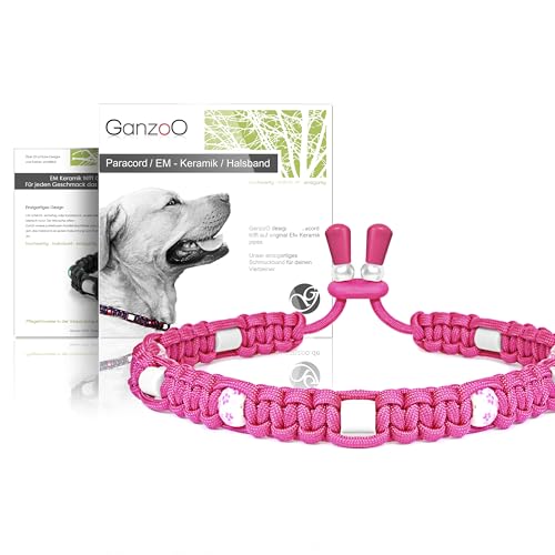 Ganzoo © EM Keramik Hunde-Halsband | Paracord 550 Halsband mit Zier-Perlen und EM Tubes | EM Pipes | Größe XS 26-32 cm | Dog Collar | verstellbar mit Kordelstopper | Farbe Fuchsienpink von Ganzoo