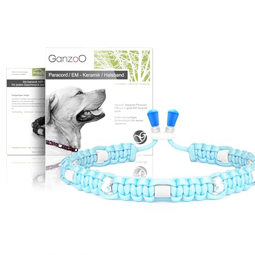 Ganzoo © EM Keramik Hunde-Halsband | Paracord 550 Halsband mit Zier-Perlen und EM Tubes | EM Pipes | Größe XS 26-32 cm | Dog Collar | verstellbar mit Kordelstopper | Farbe Himmelsblau Pfote von Ganzoo