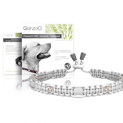 Ganzoo EM Keramik Hunde-Halsband/Paracord 550 Halsband mit Zier-Perlen und EM Tubes/EM Pipes/Größe XS 26-32 cm/Dog Collar/verstellbar mit Kordelstopper/Farbe Steingrau von Ganzoo