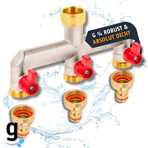 Gardazon 3-Wege Wasserhahn Adapter - 3/4” Zoll Y Verteiler mit Absperrventil und 3 Stück Adapter, Doppelanschluss - Ideal für Gardena System, Wasseranschluss Verteiler für Garten und Waschmaschine von Gardazon