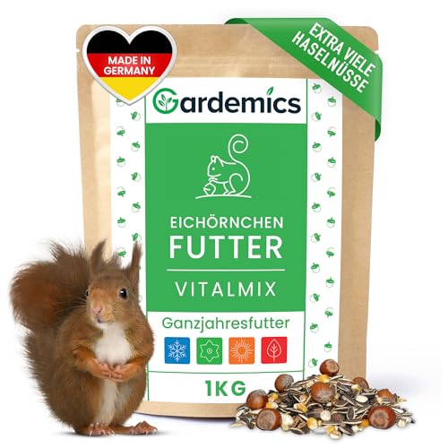 Gardemics Eichhörnchen Futter mit extra vielen Haselnüssen [1kg] I Artgerechtes Eichhörnchenfutter ohne Erdnüsse I Ganzjahresfutter für Eichhörnchen & Streifenhörnchen von Gardemics