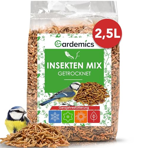 Gardemics Premium Insektenmix 2,5 Liter - 500g - Mit Mehlwürmer getrocknet, Soldatenfliegenlarven getrocknet & Gamarus für Vögel - Vogelfutter, Igelfutter, Insektenfutter für Wildvögel, Gartenvögel von Gardemics