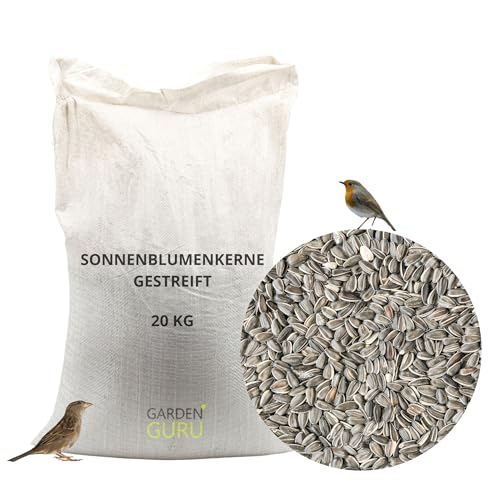 Sonnenblumenkerne gestreift 20 kg Wildvogelfutter, Ganzjahresvogelfutter, Vogelfutter für das ganze Jahr, Streufutter, Winterfutter für kleine und große Vögel 20kg Ernte 2024 gestreifte Sonnenblume von GardenGuru