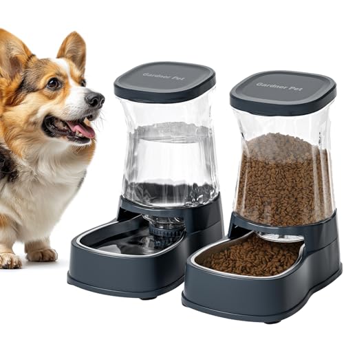 Gardner Pet Automatischer Futterautomat Katze, Futterspender Katze und Wasserspender Hund(3.85L*2), Ohne Strom, BPA Frei, Gravitation Katzenfutter Automat mit Edelstahlschüssel (Grau) von Gardner Pet