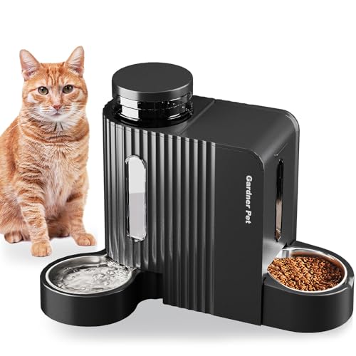 Gardner Pet Automatischer Futterspender für Katzen/Hunde 2 Näpfe(3L*2), Futterautomat Katze und Wasserspender Hund mit Edelstahlschüssel, Ohne Strom, BPA Frei, Gravitation Katzenfutter Automat Schwarz von Gardner Pet