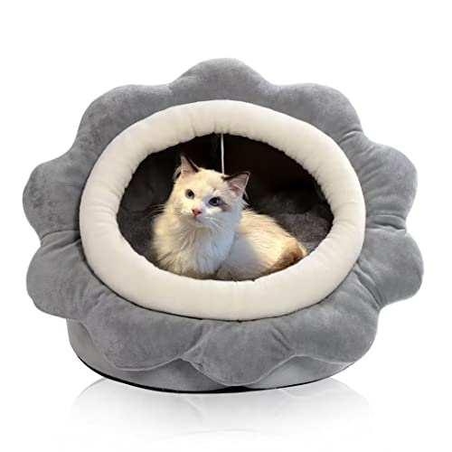 Katzenbetten für Indoor-Katzen – kleines Katzenbett mit rutschfester Unterseite, Sonnenblumenförmige Katzen-/Hundehöhle mit hängendem Spielzeug, super weich beruhigend, mehrere Größen (Grau L) von Garlifden