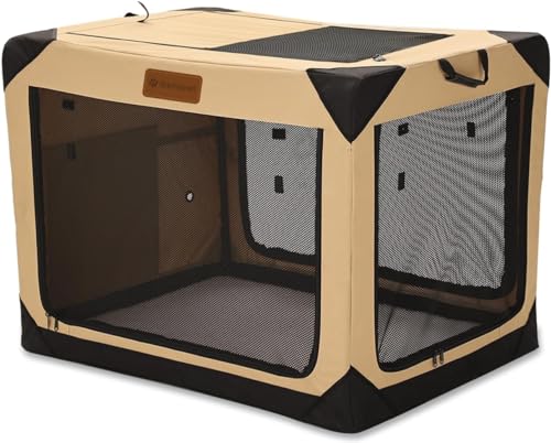 Garnpet 91,4 cm faltbare weiche Hundebox für große Hunde, 4-türig, faltbare Reise-Hundehütte mit robusten Netzfenstern für drinnen und draußen, tragbare Haustierbox, weiche Seite, Beige von Garnpet