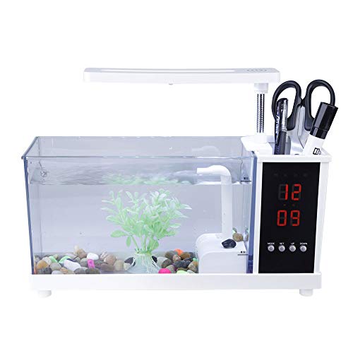 USB Mini Aquarium Multifunktional mit Led Pump Light Kalender Wecker Pen Container(Weiß) von Garosa