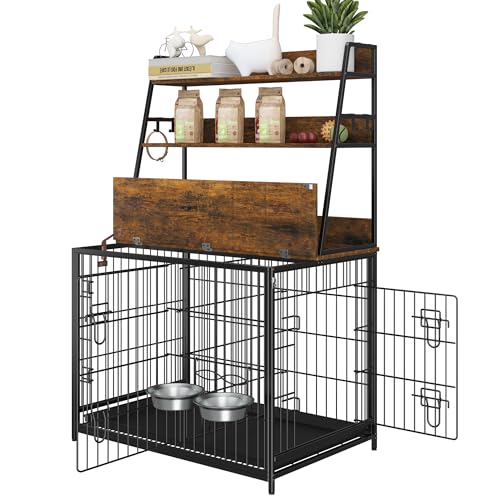 GarveeLife Furniture Style Hundekäfig, Indoor Basic Hundekäfig mit 3-lagigen Aufbewahrungsregalen, aufklappbarem Beistelltisch Hundekäfig, Hundehüttenmöbel mit verstellbaren Näpfen, 95 cm L x 62 cm B von GarveeLife