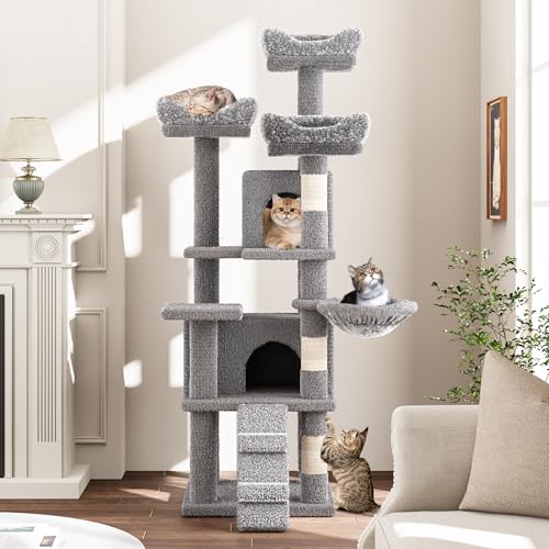 GarveeLife Kratzbaum, 63 Zoll Katzenturm für Indoor-Katzen, Plüsch Mehrstöckige Katzenhütte mit 3 Kratzstämmen, 4 Sitzstangen, 2 Höhlen, Hängematte, Grau von GarveeLife