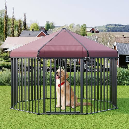 Große Hundehütte draußen mit Dach, Outdoor-Hundehütte mit Metallgitter, robuste sechseckige Hundehütte mit Schloss für große Hundehütte draußen mit Dach, Outdoor-Hund, Ketdoor, Hinterhof (12 x 12 x von GarveeLife