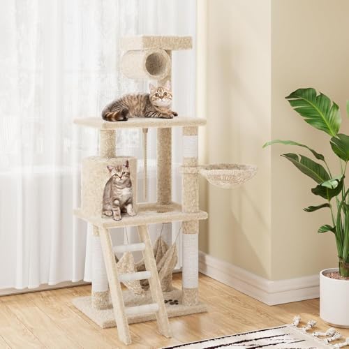 Kratzbaum, hoher Katzenturm, für große Katzen, Katzenhausmöbel mit gepolsterter Plüsch-Sitzstange, Sisal-Kratzstämme (Beige, 140 x 39,9 x 53,3 cm) von GarveeLife