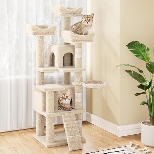 Kratzbaum, hoher Katzenturm, für große Katzen, Katzenhausmöbel mit gepolsterter Plüsch-Sitzstange, Sisal-Kratzstämme (Beige, 160 x 50 x 45,7 cm) von GarveeLife