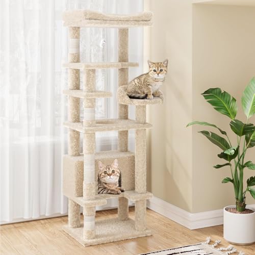 Kratzbaum, hoher Katzenturm, für große Katzen, Katzenhausmöbel mit gepolsterter Plüsch-Sitzstange, Sisal-Kratzstämme (Beige, 180,3 x 59,7 x 49,5 cm) von GarveeLife