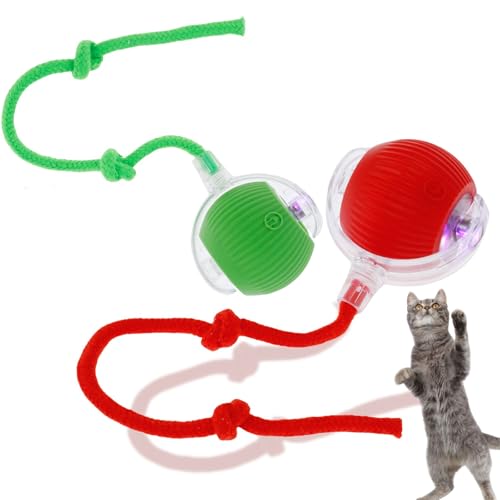 2Pcs Selbstrollender Ball für Katzen, mit Seil 1A 5V Silikonmaterial Elektrisch, Automatisch Vermeiden, Selbstrollender Ball Hund, Interaktiver Spielball mit Schwarz für Hunde Katzen (Rot, Grün) von Gatphy