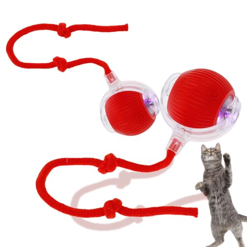 2Pcs Selbstrollender Ball für Katzen, mit Seil 1A 5V Silikonmaterial Elektrisch, Automatisch Vermeiden, Selbstrollender Ball Hund, Interaktiver Spielball mit Schwarz für Hunde Katzen (Rot, Rot) von Gatphy