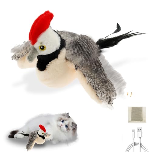 Katzenspielzeug Vogel Flattern Elektrisch USB - Große Größe 24 * 23 * 6CM - Vogeljagd Katzenspielzeug Fliegender Vogel mit Katzenminze - Vogelgeräusche Weich Langlebig Abnehmbar von Gatphy