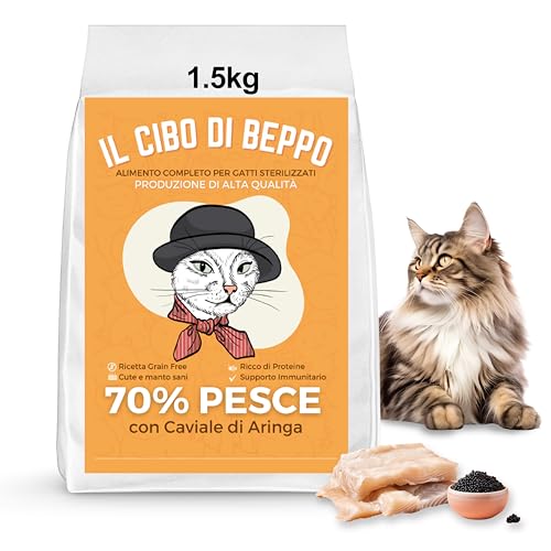 Il cibo Di Beppo – Trockenfutter für sterilisierte Katzen – sterilisierte Trockenfutter für Katzen ohne Getreide, hypoallergen, getreidefrei, glutenfrei, Alleinfuttermittel – 1,5 kg (weißer Fisch mit von Gatto con Personalità
