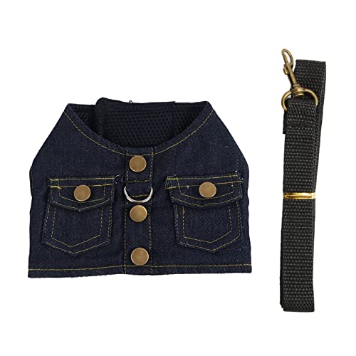 Gavigain Denim Pet Gurtess Set, atmungsaktives Netz, verstellbare Hundeweste mit Leine, leicht und stilvoll für kleine Hunde und Katzen (L) von Gavigain