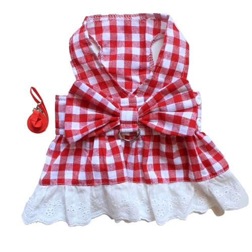 Gavigain Rot Kariertes Hundekleid, klein, mittelgroß, Leichter, atmungsaktiver Stoff, Spitzenbesatz, Leinenbefestigung (Red Plaid Dress and Red Leash S) von Gavigain