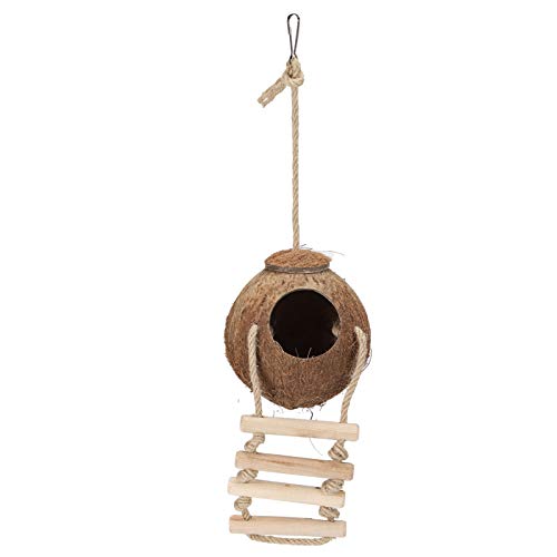 Gavigain Small Hanging Coconut Bird House, Biss, interaktive Kletterleiter, Stress reduzieren gemütliches Versteck, für Vögel, Hamster, Eichhörnchen (Furry Coconut Shell Ladder Nest) von Gavigain