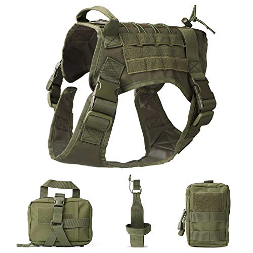 Gaxyd Hundegeschirr 4-Teiliges Set K9 Working Dog Vest Früher Einstellbarer Hundegeschirr Mit Beutel Tasche Wasserflasche Tragetasche, Bruchsicher,Grün,M von Gaxyd