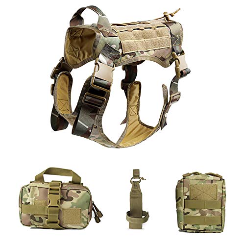 Gaxyd Hundegeschirr 4-Teiliges Set K9 Working Dog Vest Früher Einstellbarer Hundegeschirr Mit Beutel Tasche Wasserflasche Tragetasche, Bruchsicher,Tarnen,M von Gaxyd