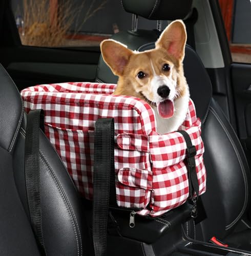 Reise-Hundesitz, tragbarer Hunde-Autositz, für kleine Katzen, Hunde bis zu 6,8 kg, LKWs, SUVs, Konsole, Haustier-Autositz, lindert Angstzustände, 46 x 27 x 24 cm (rot) von GeRRiT