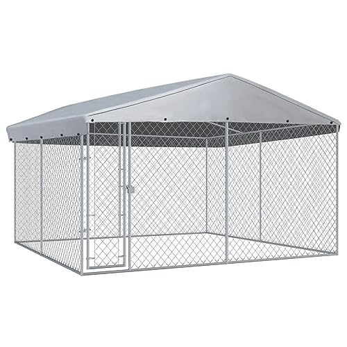 Gecheer Outdoor Hundezwinger mit Überdachung Hundekäfig Hundehaus Hundehütte mit Sonnendach Tierlaufstall Freilaufgehege Verschließbares Riegelsystem für Hunde 382x382x225 cm von Gecheer