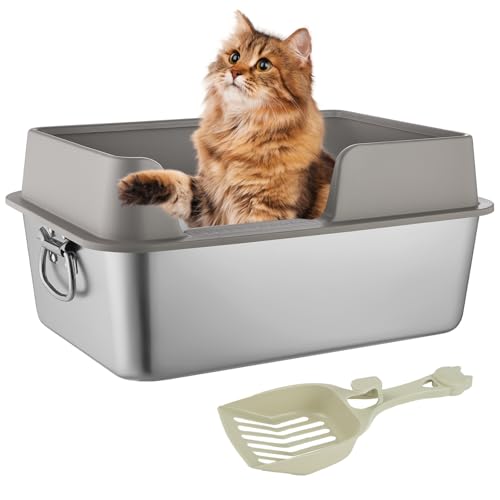 Gedital Edelstahl Katzenklo, Große Katzentoilette mit Katzenstreuschaufel50X35x15 Katzenklo Edelstahl,Stainless Steel Litter Box, Spritzwassergeschütztes Großes (Grau) von Gedital