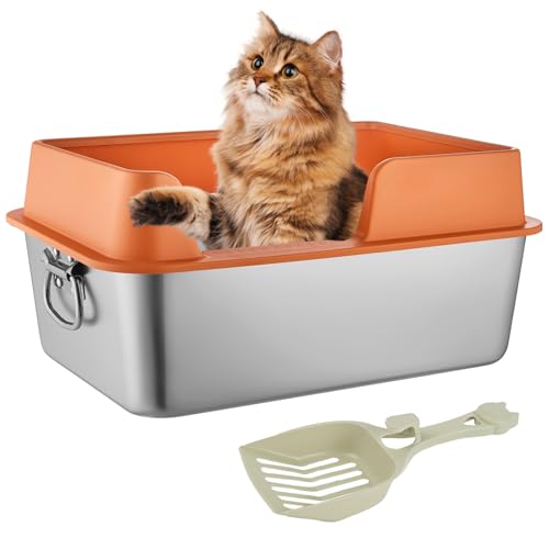 Gedital Edelstahl Katzenklo, Große Katzentoilette mit Katzenstreuschaufel50X35x15 Katzenklo Edelstahl,Stainless Steel Litter Box, Spritzwassergeschütztes Großes (Orange) von Gedital