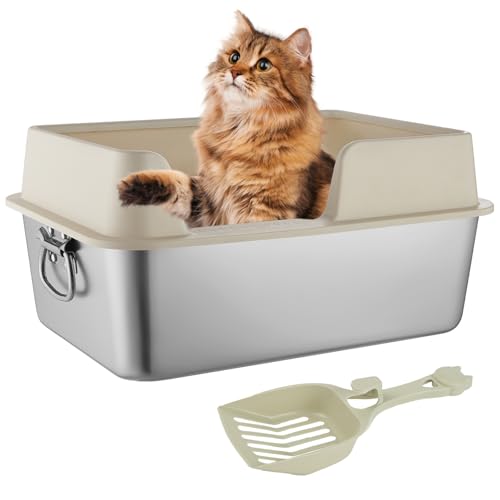 Gedital Edelstahl Katzenklo, Große Katzentoilette mit Katzenstreuschaufel50X35x15 Katzenklo Edelstahl,Stainless Steel Litter Box, Spritzwassergeschütztes Großes (Weiß) von Gedital