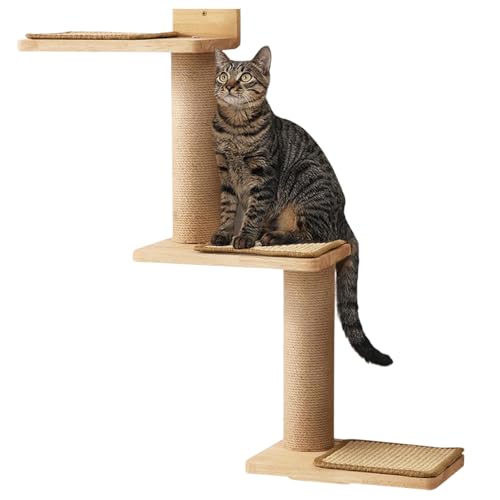 Wandmontierte Katzen-Kletterwand, Naturholz, Sisal-Kratzstämme, 3 Ebenen, Beige von Gedital