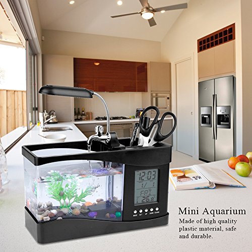 Aquarium, USB Wiederaufladbar, Multifunktional, Sicherer Kunststoff, Langlebiges Mini-Aquarium mit LED-Lichtuhrfunktion für Schlafzimmer (Schwarz) von Gedourain