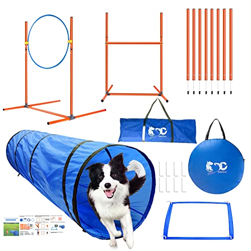 GeerDuo Agility-Trainingsgerät für Hunde, Hindernis-Agility-Trainingsset für Hunde, inklusive Tunnel, 27 gewebte Stangen, verstellbare Hürde, Sprungring, Pausebox und Tragetasche (Blau, L) von GeerDuo