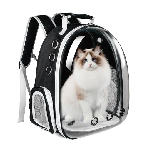 GeerDuo Katzen-Rucksack Tragetasche, Hunde-Rucksack, tragbare Haustier-Tragetasche für Welpen, Kaninchen, Vögel, Fluggesellschaften zugelassen, transparenter Trage-Rucksack den Außenbereich (schwarz) von GeerDuo