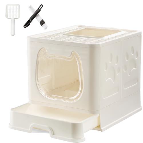 Gefryco Faltbare Katzentoilette mit Deckel, abgedeckte Katzentoilette für kleine und mittelgroße Katzen, geschlossenes Katzentöpfchen mit Schaufel und Bürste, niedliches Kätzchentoilette mit Schublade von Gefryco