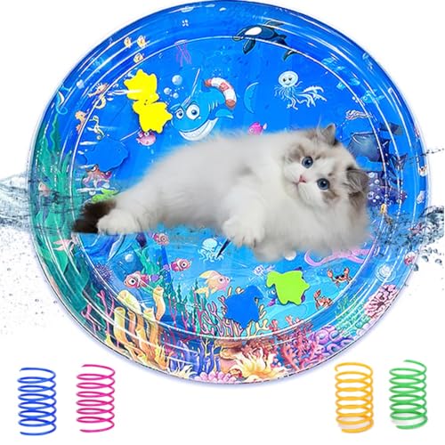 Gehanico Cat Sensory Water Mat 2024 Kitten Teaser Toys with 4 Spring Toys Pet Cooling Mat for Summer Water Sensory Playmat for Cats, Interactive Cat Toy for Summer Hot Days (A) von Gehanico