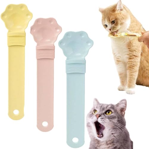 Gehanico Cat Strip Happy Spoon 2024 Multifunktionaler Haustier-Löffel, Katzenfutterstation, Katzenstreifen, Quetschlöffel, Katzenfutter, Löffel für Nassfutter (Gelb + Rosa + Blau) von Gehanico