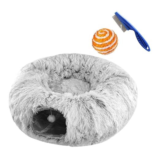 Gehanico Katzentunnel mit Katzenbett für Indoor-Katzen 2025 Neuer warmer weicher Katzentunnel Katzentunnel Bettrohr mit Kissen und Plüschball Spielzeug Crinkle Katzenhöhle Donut-Tunnel (Grau) von Gehanico