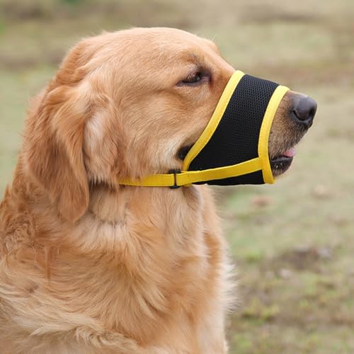 Gehanico Maulkorb Hunde Nylon Maske Verhindert Beißen Und Fressen Bellen Und Kauen Für Große Hunde Verstellbarer, Für Verbindungsgurt Kleine Mittlere Große Hunde (L,Gelb) von Gehanico